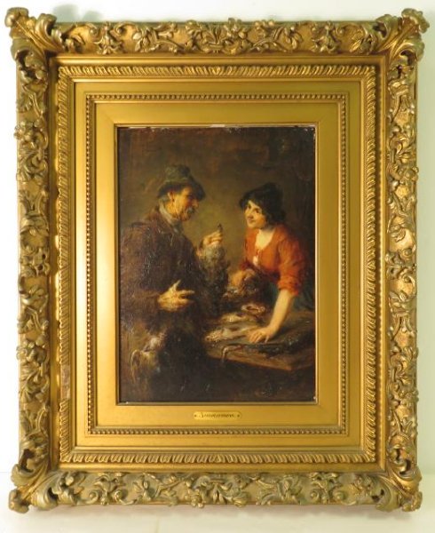 ANTIQUE GERMAN OIL ON PANEL PAINTING TWO FIGURES (1 of 10)