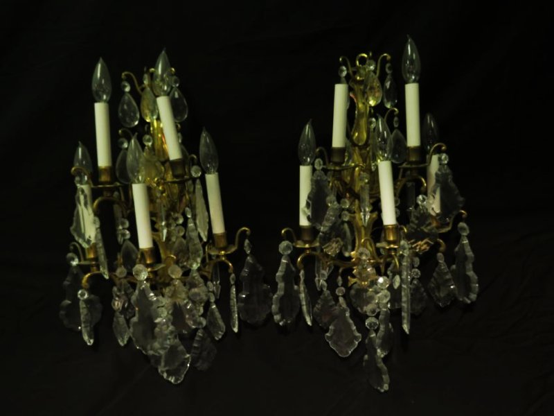 PAIR VINTAGE BRASS AND CRYSTAL WALL SCONCES (1 of 9)