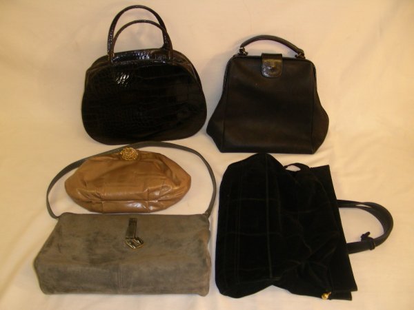 HANDBAGS BONWIT TELLER SONIA RYKIEL FURLA ETC 5 PCS: Vintage handbags to include Sonia Rykeil fau alligator, Bonwitt Teller grey suede, Furla black suede, and Stuart Weitzman caramel leather handbag. All in good condition with slight wear.