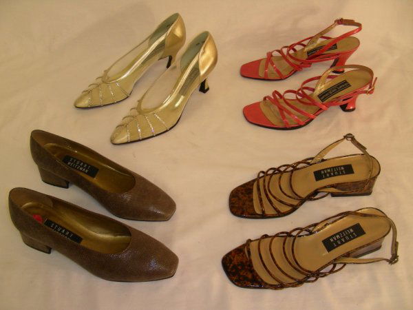 STUART WEITZMAN SHOES SIZE 7 & 6 1/2 FOUR PAIR: Marbleized brown, amber and black patent leather strap sandles, size 6 1/2 barely worn, Pink patent leather strap sandles size 7 barely worn, brown micro dot leather pumps size 6 1/2 B never worn, gol