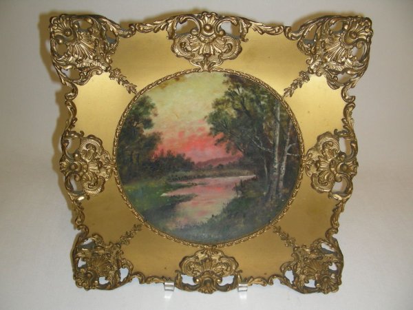 ANTIQUE GILT FRAMED HAND PAINTED SCENIC PLATE