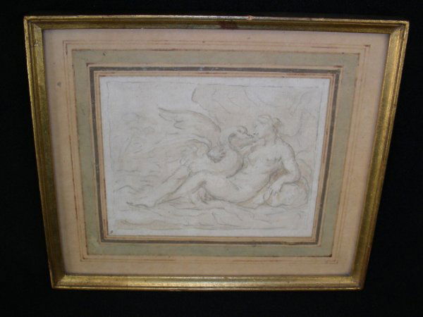 WILLIAM BLAKE ? SMALL NUMBERED WATERCOLOR LEDA SWA: Small 18th century pencil & watercolor depicting Leda and the Swan, in the manner of William Blake. Measures 4 1/2" wide by 3 5/8" tall. Framed measurement is 7 1/8" wide by 6 1/8". Foster Brothers, 4