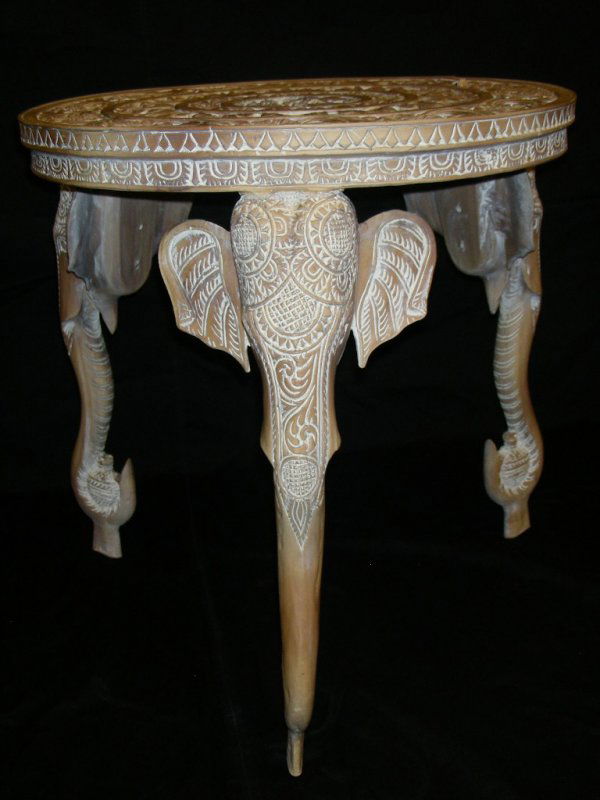 37 CARVED ROUND INDIAN ELEPHANT HEAD LEGS SIDE TABLE