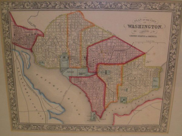 HAND COLORED MAP CITY WASHINGTON BY MITCHELL 1860: Framed hand colored map of the city of Washington, the Capital of the United States of America. Drawn and engraved by W. H. Gamble. Entered according to Act of Congress in the year 1860 by S. Augustus