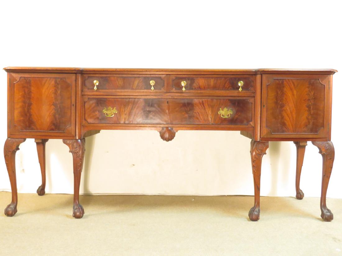 19TH CENTURY FLAME MAHOGANY SIDEBOARD: 19th century flame mahogany sideboard measuring 38" tall x 84" wide and 25.5" deep. Condition: both of the front center legs have been repaired at joint, see images. Weight: approx. 100 lbs.