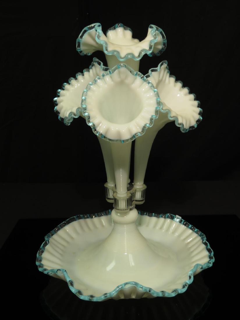 VICTORIAN OPALINE GLASS FLOWER EPERGNE: Victorian opaline glass flower epergne measuring a total of 16" tall x 12.25" wide. Comprised of five separate pieces. Condition: good, no chips or cracks, see images. Weight: 6.3 lbs.
