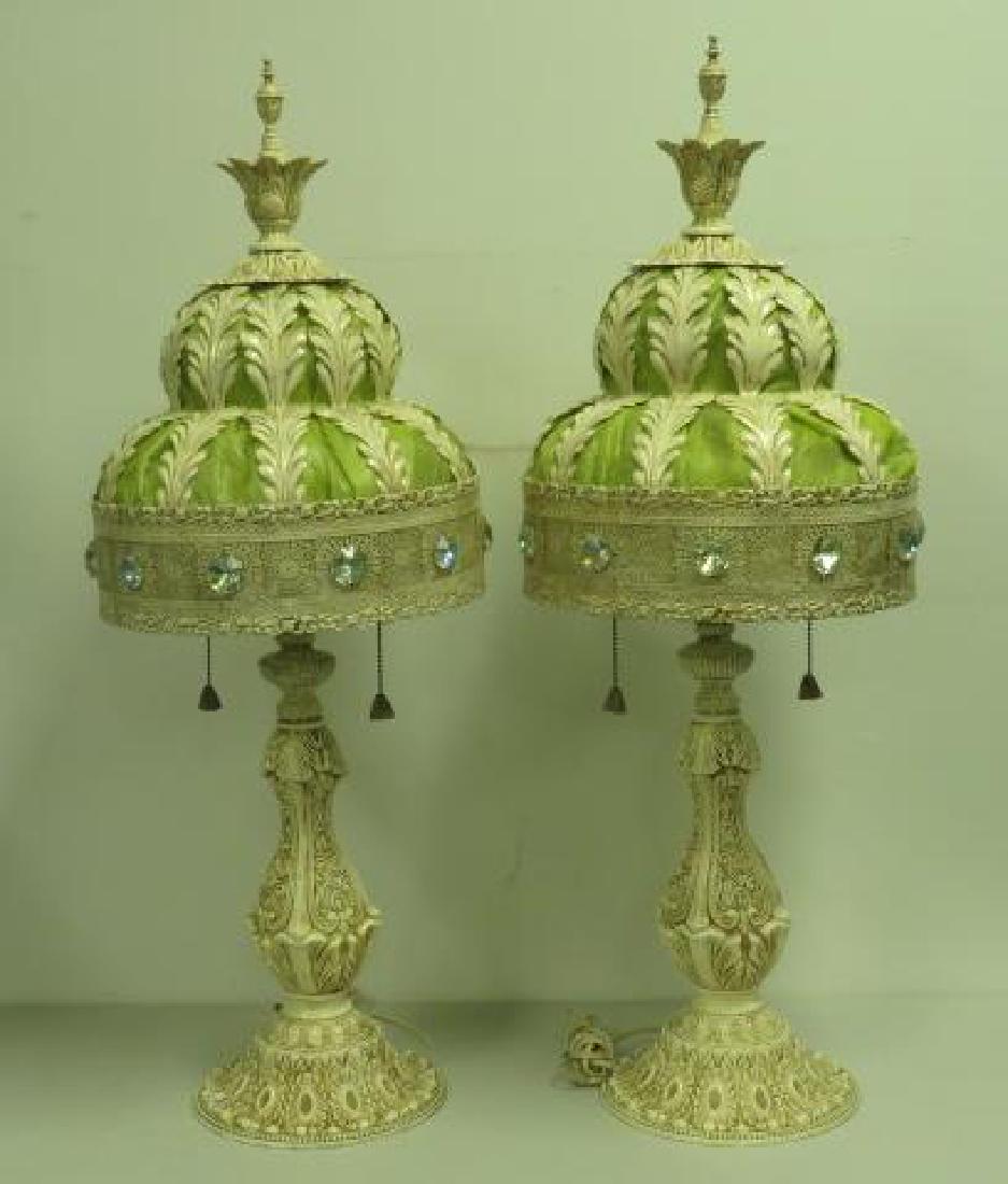PAIR OF CREAM & LIME GREEN ORNATE VICTORIAN LAMPS (1 of 4)