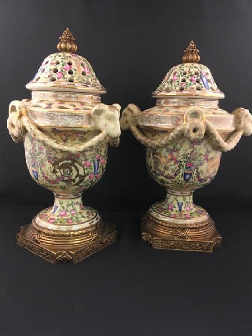 PAIR UNITED WILSON BRONZE MOUNTED CERAMIC URNS (1 of 4)
