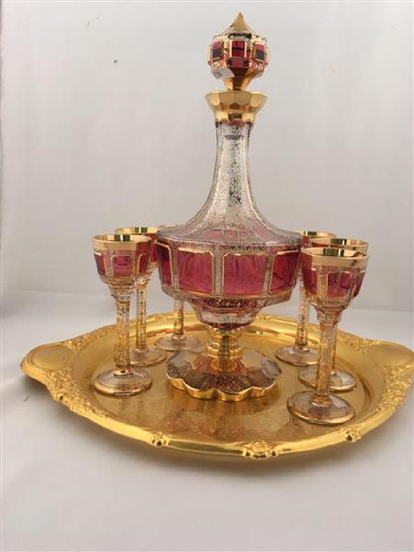 CRANBERRRY & CLEAR CRYSTAL DECANTER & CORDIALS (1 of 5)