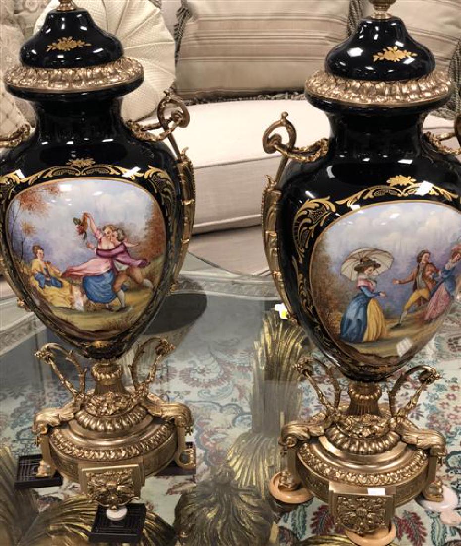 PAIR ORNATE GILT BRONZE MOUNTED URNS (1 of 5)