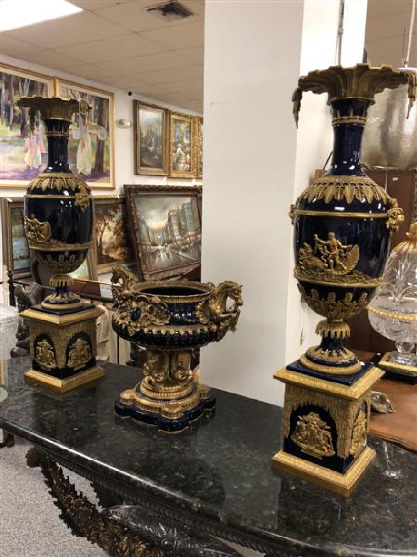 PAIR LARGE DEEP COBALT BLUE BRONZE FITTED VASES (1 of 6)