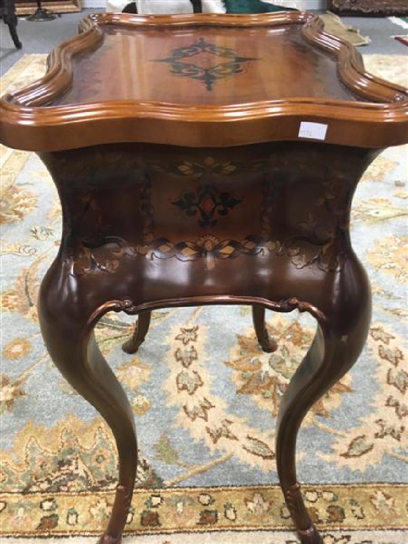 SCALLOP EDGED SIDE TABLE: SCALLOP EDGED SIDE TABLE: with marquetry style design on top and sides, and hoof feet. Measures: 17" wide x 27" tall and 13" deep. Condition good.