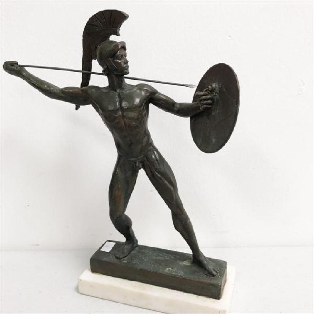 19th c BRONZE FIGURE OF A ROMAN SOLDIER: Small 19th c bronze figure depicting a nude Roman soldier throwing spear while holding up a shield. Figure set on a white marble plinth. Overall measurements: 11.5 x 9.5 x 3". No apparent signature.