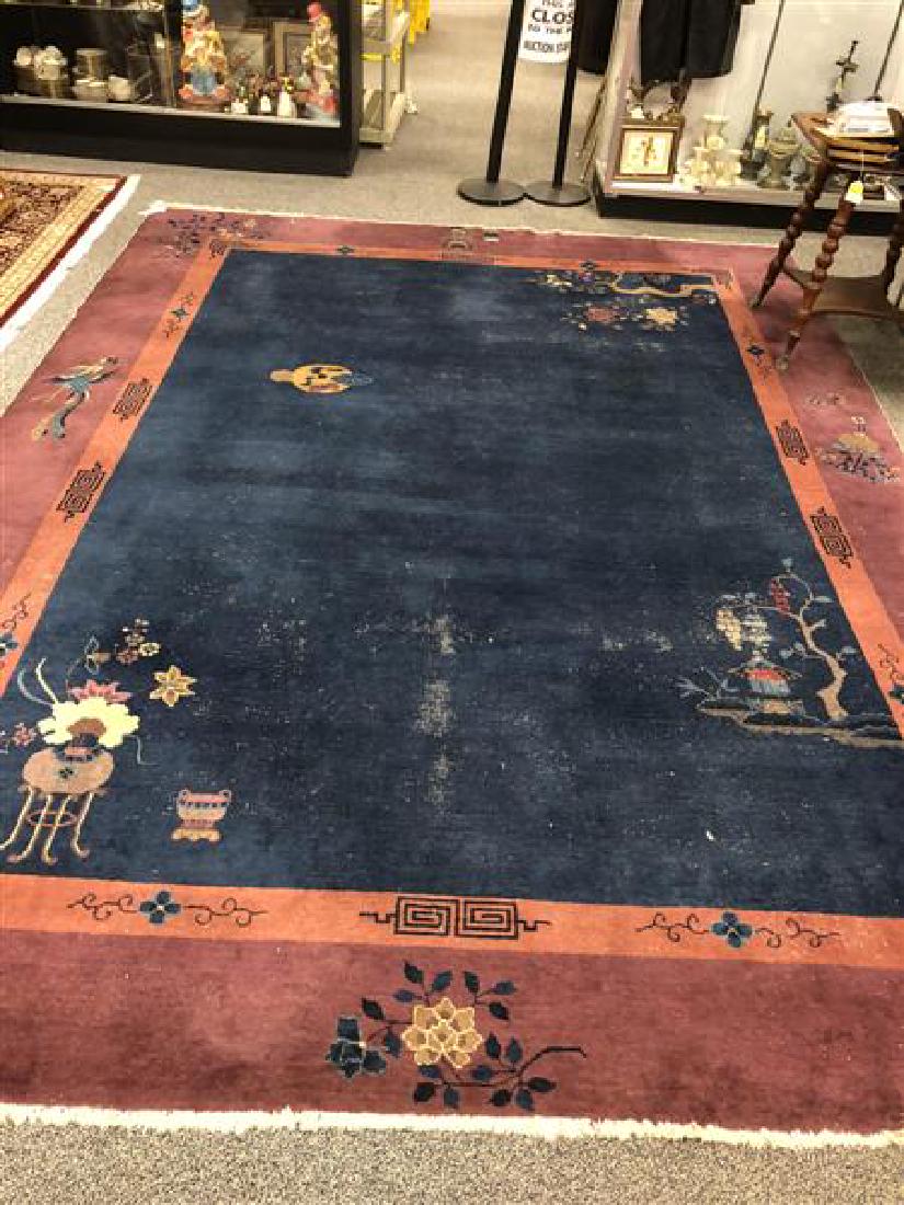 LRG HAND KNOTTED CHINESE ART DECO RUG 10' X 13'4": Large hand knotted Chinese Art Deco wool rug measuring 10' x 13'4". Semi antique, wool on cotton foundation. Condition: good considering age, signs of use and age, see images. Weight: approx. 95 lbs.