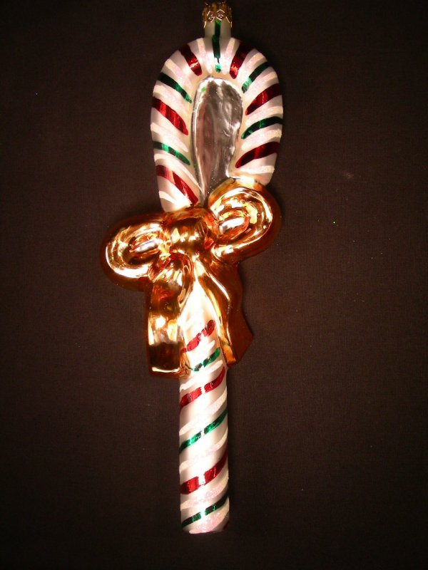 CHRISTOPHER RADKO ORNAMENT CANDY CANE GOLD BOW: Measures 8" tall x 2 1/2" wide. No chips or cracks.