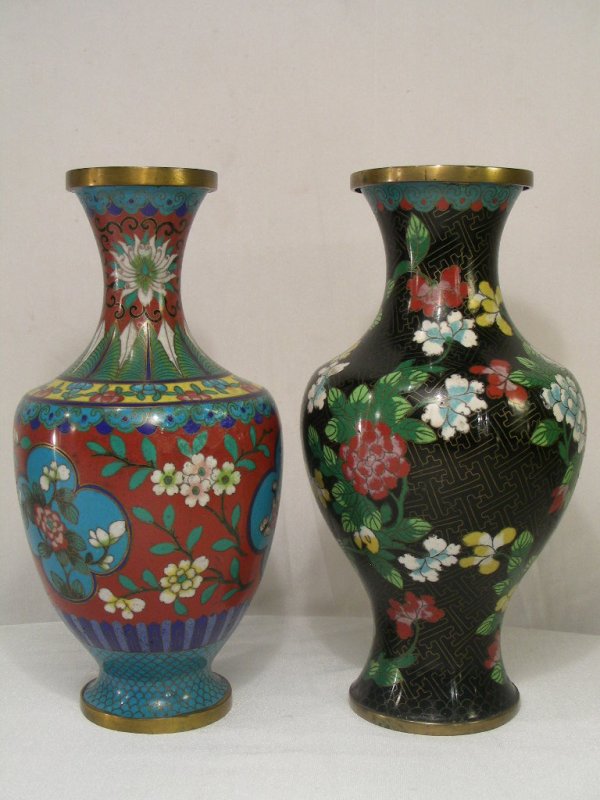 TWO CLOISONNE VASES BLACK FLORAL & MULTI COLOR