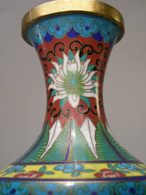 TWO CLOISONNE VASES BLACK FLORAL & MULTI COLOR - 5