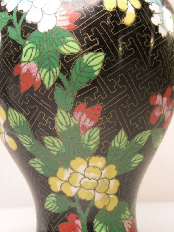 TWO CLOISONNE VASES BLACK FLORAL & MULTI COLOR - 7