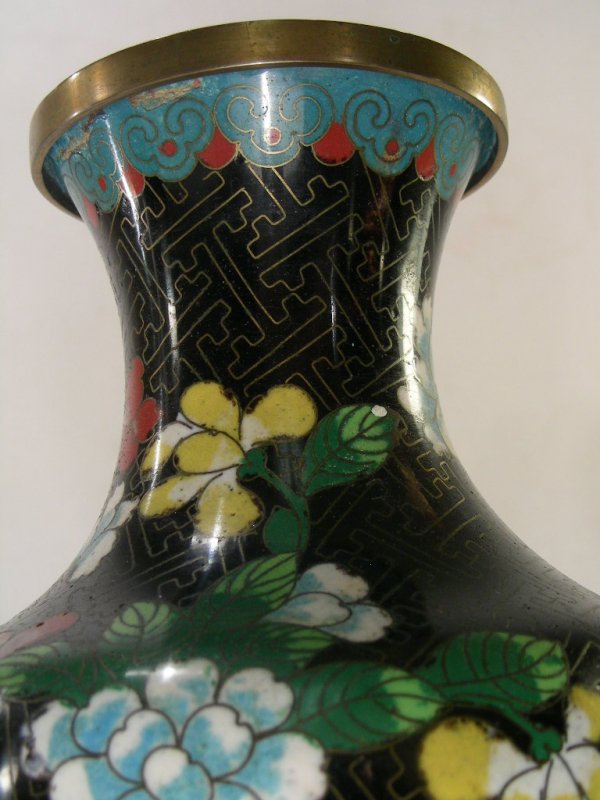 TWO CLOISONNE VASES BLACK FLORAL & MULTI COLOR - 8