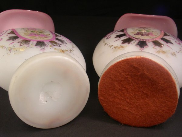 PAIR PINK ENAMELED CASED GLASS VASES - 10