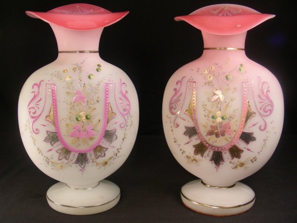 PAIR PINK ENAMELED CASED GLASS VASES
