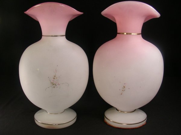 PAIR PINK ENAMELED CASED GLASS VASES - 2