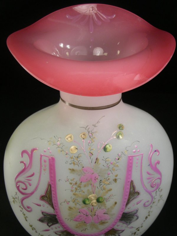 PAIR PINK ENAMELED CASED GLASS VASES - 7