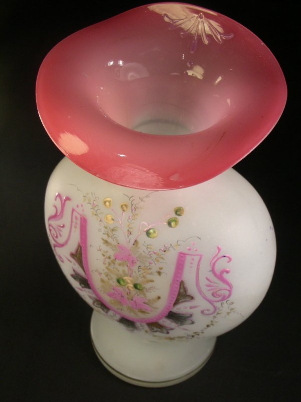 PAIR PINK ENAMELED CASED GLASS VASES - 8