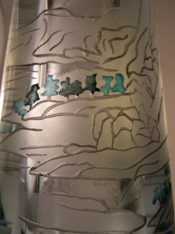 LG PALE BLUE ENGRAVED CHINESE ART GLASS VASE - 7