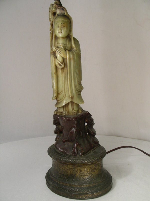 ANTIQUE CHINESE CARVED SOAPSTONE FIGURAL LAMP