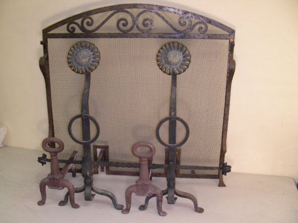 ANTIQUE SUNFLOWER IRON FIREPLACE ANDIRONS SCREEN