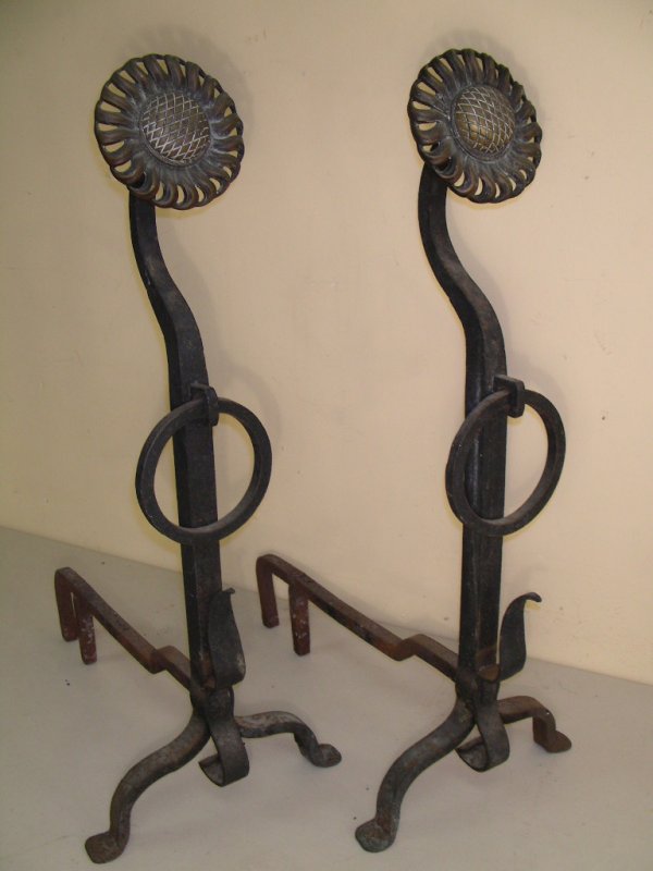 ANTIQUE SUNFLOWER IRON FIREPLACE ANDIRONS SCREEN - 5