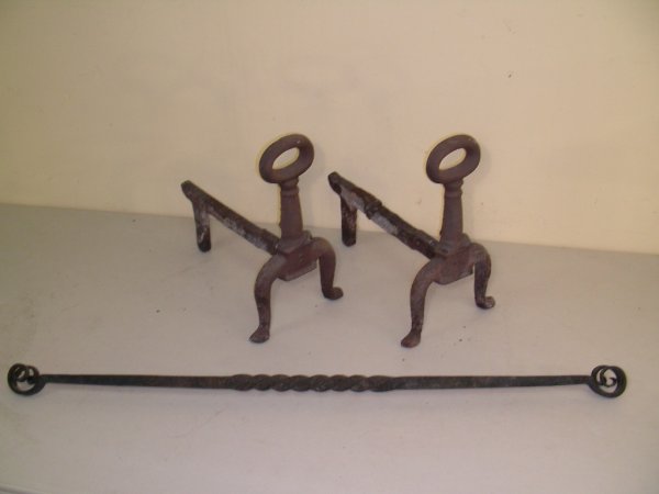 ANTIQUE SUNFLOWER IRON FIREPLACE ANDIRONS SCREEN - 8