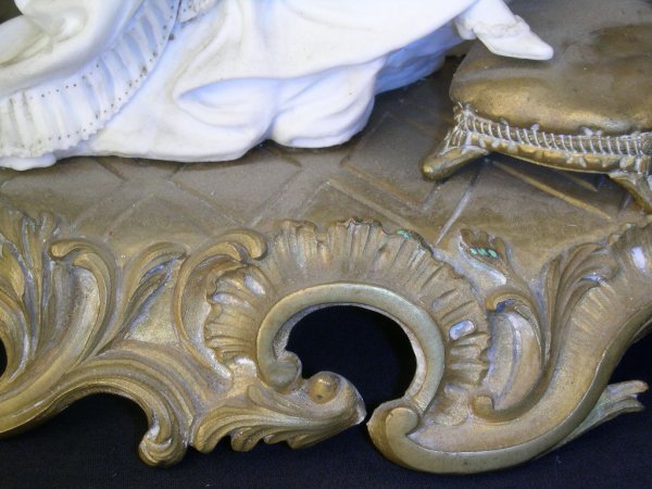 ANTIQUE BISQUE PORCELAIN FIGURAL GROUP BRASS BASE - 2