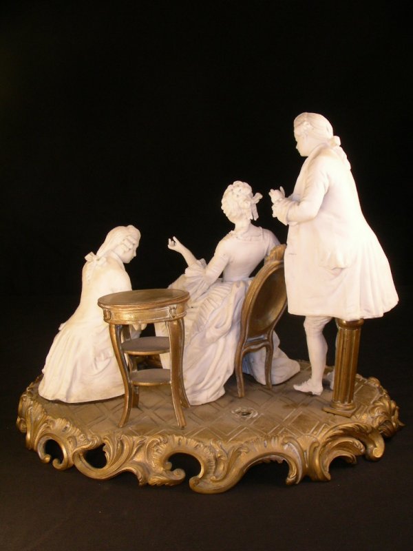 ANTIQUE BISQUE PORCELAIN FIGURAL GROUP BRASS BASE - 7