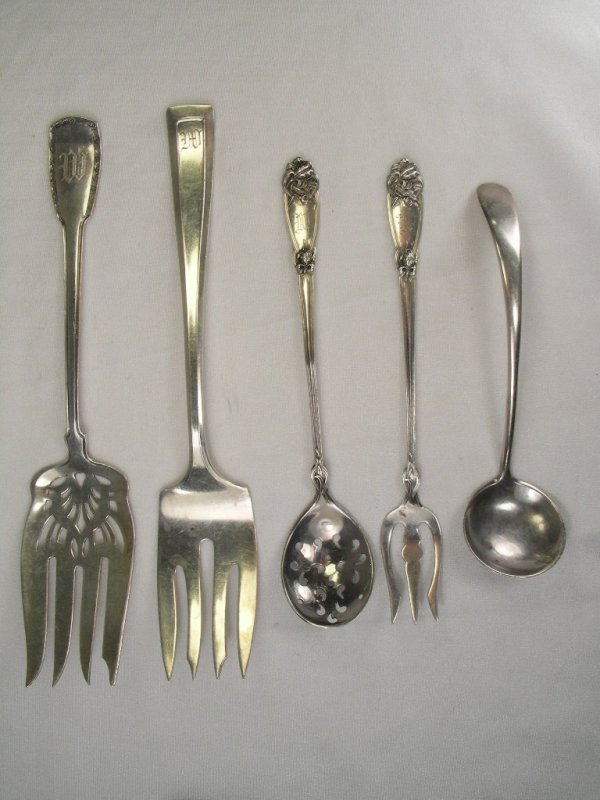 FIVE STERLING SILVER CONDIMENT SERVING PIECES: Condiment spoons and forks. Each piece is stamped sterling and has a hallmark from the following companies R. Blackington Co., Wallace Silversmiths and The Alvin Company. Wallace pattern is Cabot 1917