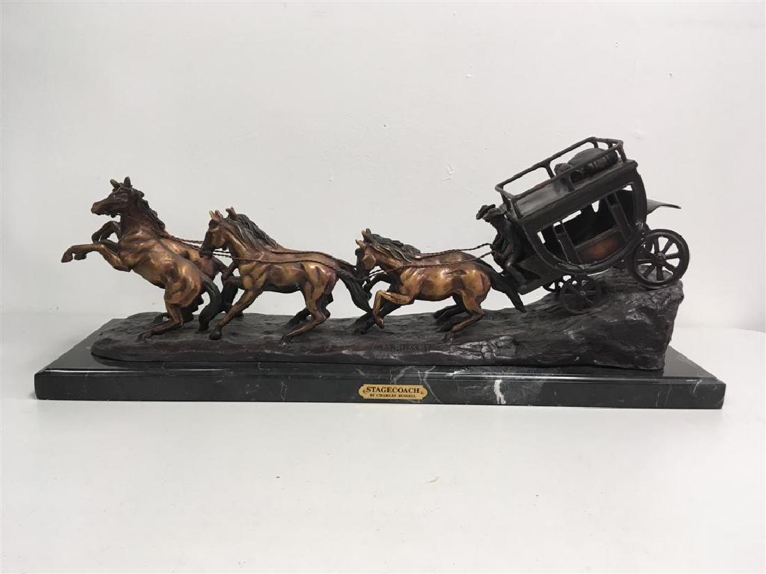 AFTER CHARLES MARION RUSSELL: BRONZE STAGECOACH: After Charles Marion Russell (American, 1864-1926) "Stagecoach", a large patinated bronze of a careening western coach drawn by six horses. Measures 27" long x 7.5" wide and 10.5" tall. Condition: goo
