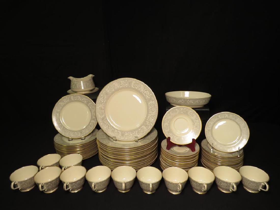 FRANCISCAN GREY RENAISSANCE DINNERWARE 73 PCS: Franciscan Grey Renaissance porcelain dinnerware. Includes 72 pieces: (16) 10.5" plates, (14) 8.25" plates, (15) 6.25" plates, (14) 6" saucers, (12) 2.25" tall cups, (1) 9" long serving bowl, and (1) 