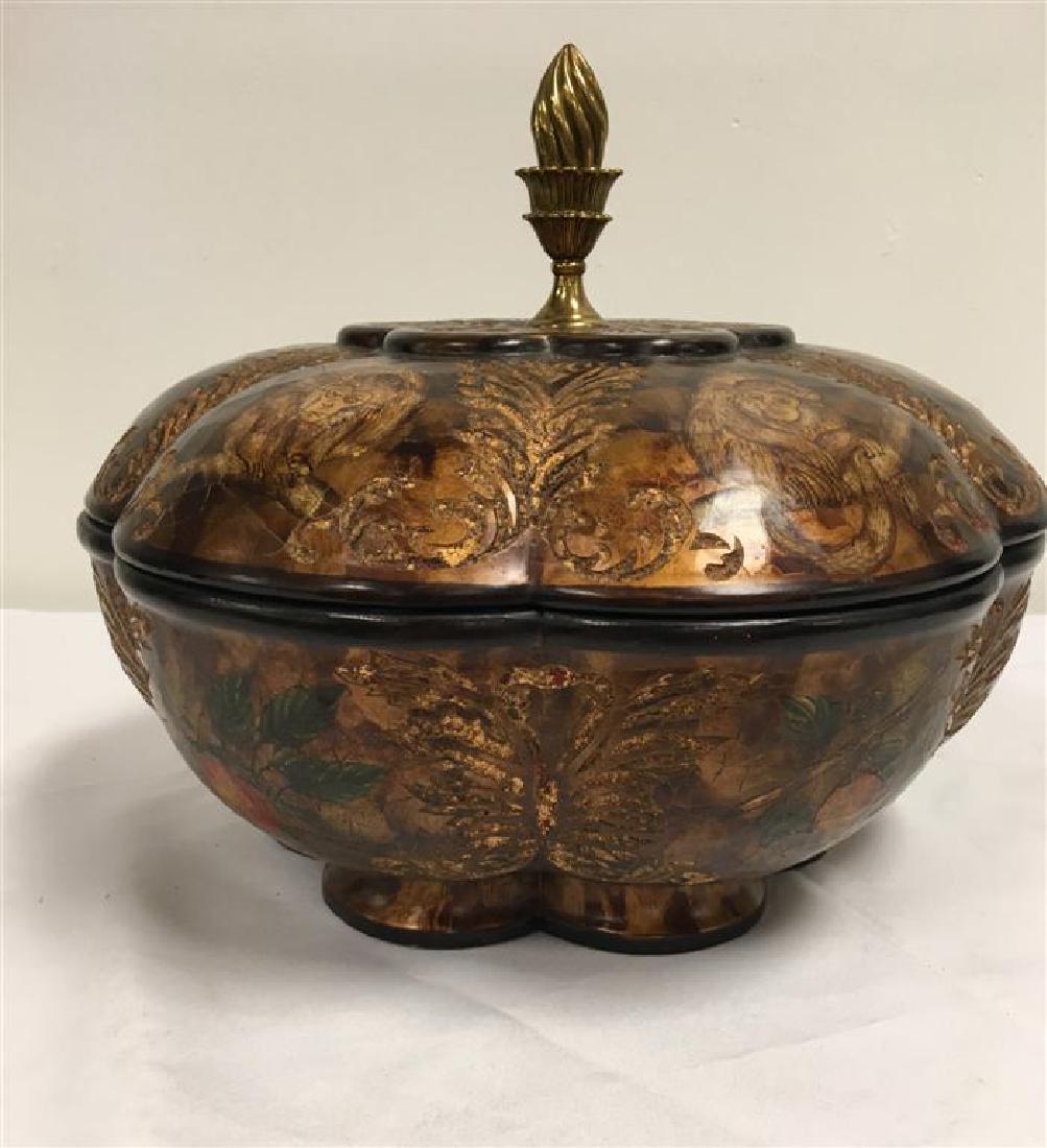 MAITLAND-SMITH COVERED CENTERBOWL: Maitland-Smith covered center bowl. Lobular-shaped bowl with all over decoration of monkeys, scrolls, leaves and gilded highlights. Measures 13" x 10.25 tall with lid. Approx. weight 8 lbs.