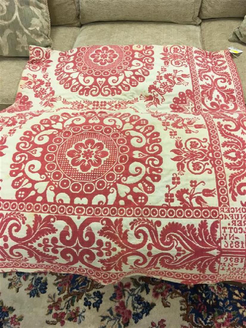 ANTIQUE 19TH C RED & WHITE FLORAL COVERLET: Antique 19th century red and white floral coverlet. Marked "D. Conger Manufacturer 1856". Measures 6'1" x 7'1". Condition: very minor discoloration in areas, a few tiny pulls to fabric, overall very g