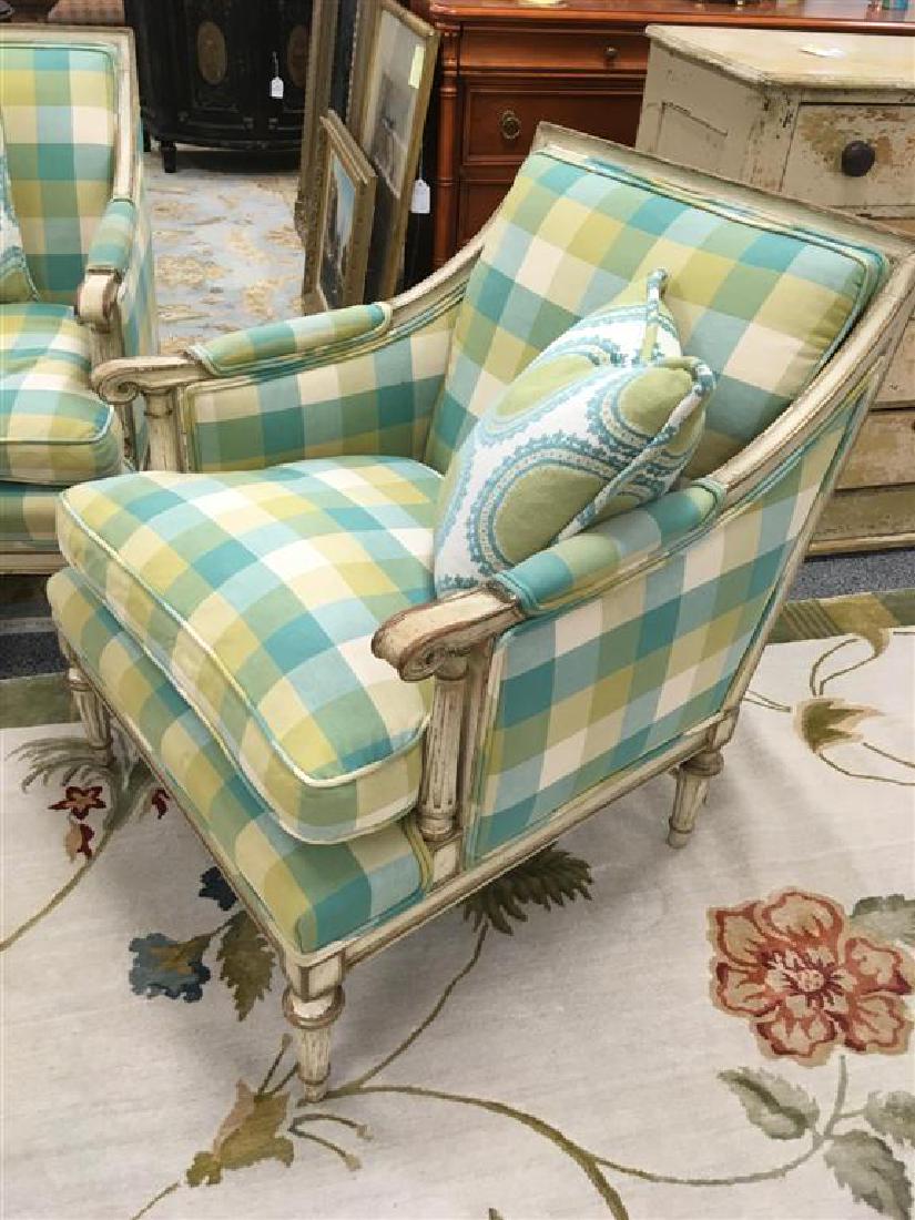 PAIR VINTAGE FRENCH PLAID FABRIC BERGERE CHAIRS: Pair of vintage French plaid fabric bergere chairs, each measuring 32" tall x 26.25" wide and 30" deep. Green/blue/cream colored pattern. Condition: good, see images. Weight: total of approx. 50 lbs.