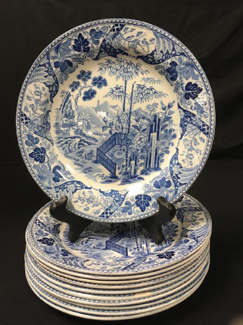 11 WEDGWOOD 19th C BLUE TRANSFER PLATES: PALISADE: Eleven Wedgwood plates of lead-glazed earthenware, transfer-printed in underglaze blue. Each measures: 8.25". Impressed 'Wedgwood' stamp on each. Some with impressed AA, others with impressed double d
