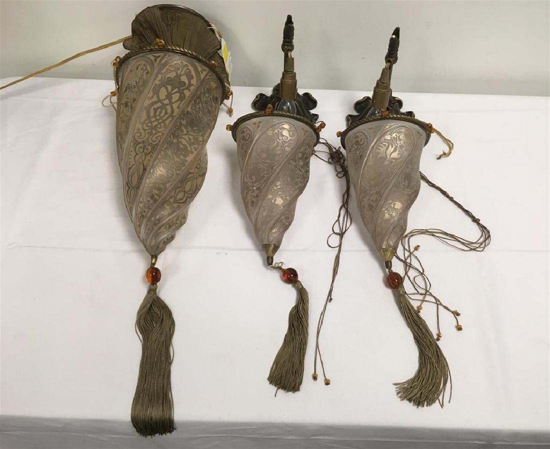 FORTUNY GLASS CESENDELLO LIGHT FIXTURES: CEILING &: One Fortuny 'Cresendello Ceiling, and two 'Cresendello Applique’ single-light wall sconces each having spiraling conical glass shades with subtle900 gilt decoration, drop beads, silk threading and t