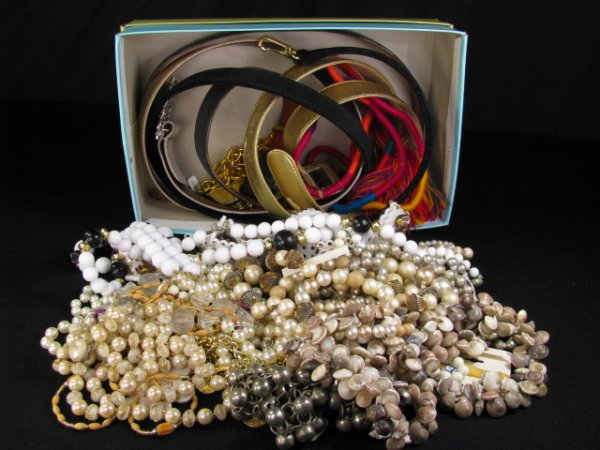 BOX LOT COSTUME JEWELRY BELTS ETC