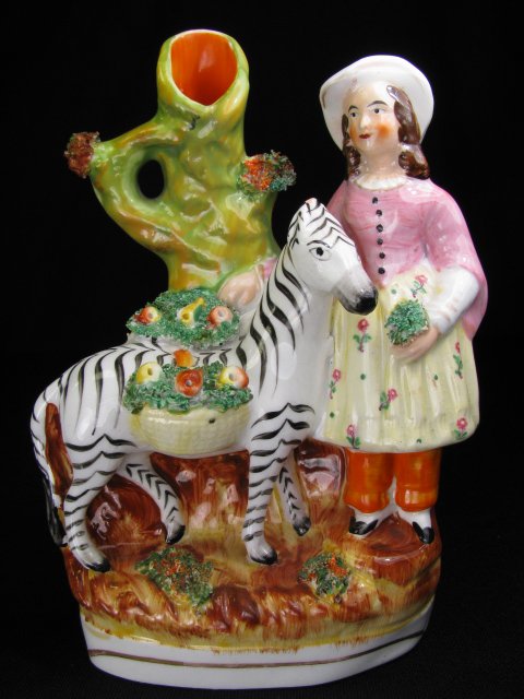 STAFFORDSHIRE POTTERY WOMEN & ZEBRA FIGURINE VASE
