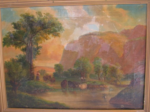 ANTIQUE OIL ON CANVAS PAINTING LANDSCAPE COWS FIGU