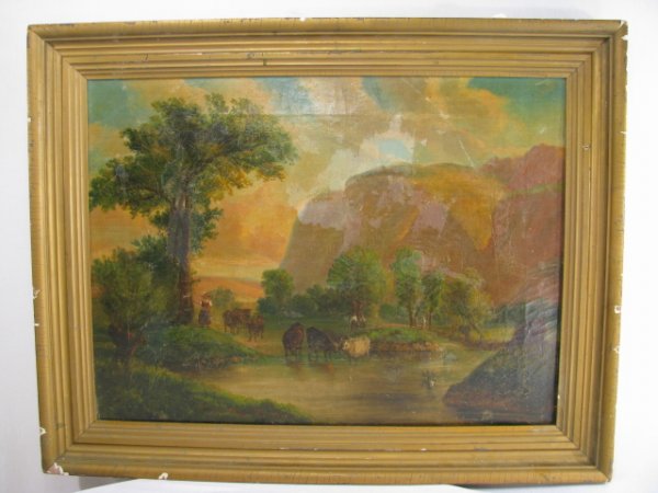 ANTIQUE OIL ON CANVAS PAINTING LANDSCAPE COWS FIGU - 2