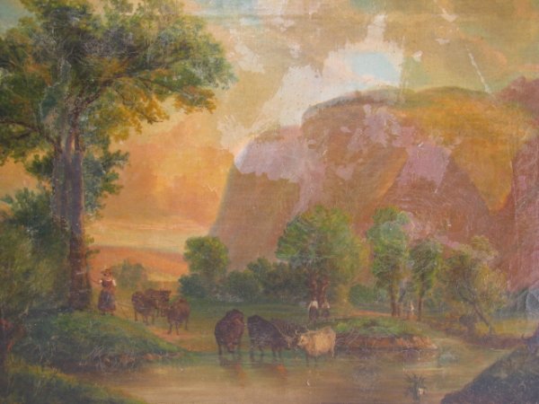 ANTIQUE OIL ON CANVAS PAINTING LANDSCAPE COWS FIGU - 3