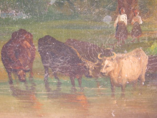 ANTIQUE OIL ON CANVAS PAINTING LANDSCAPE COWS FIGU - 4