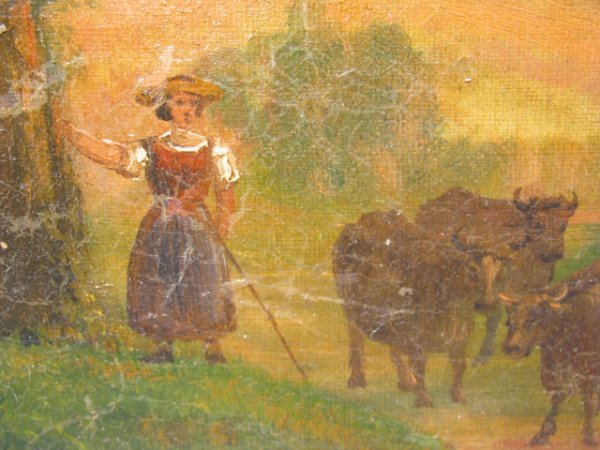 ANTIQUE OIL ON CANVAS PAINTING LANDSCAPE COWS FIGU - 5
